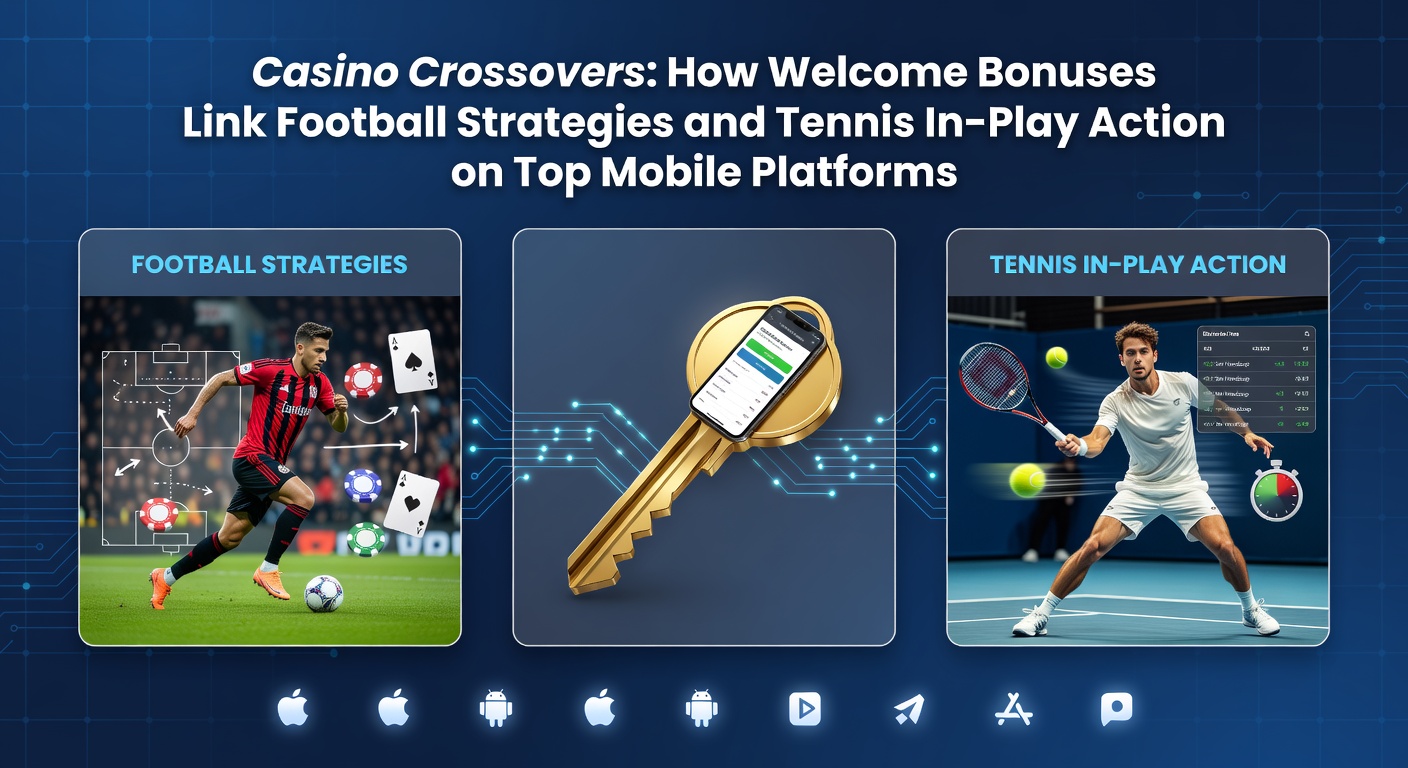 Smartphone mit Casino-App und Überlagerungen von Fußball- und Tenniswetten, die Willkommensboni hervorheben