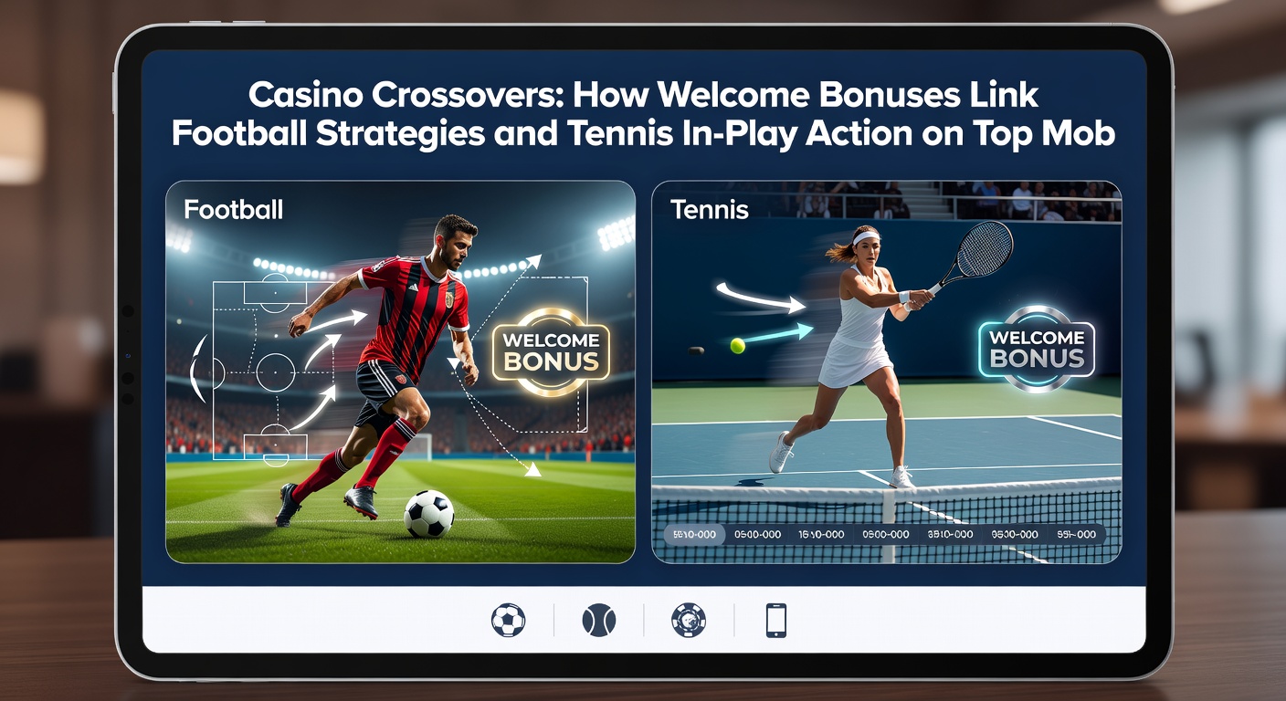 Fußballstadion mit Tennis-Court-Overlay auf einem Tablet, symbolisierend Crossovers via Mobile-Apps