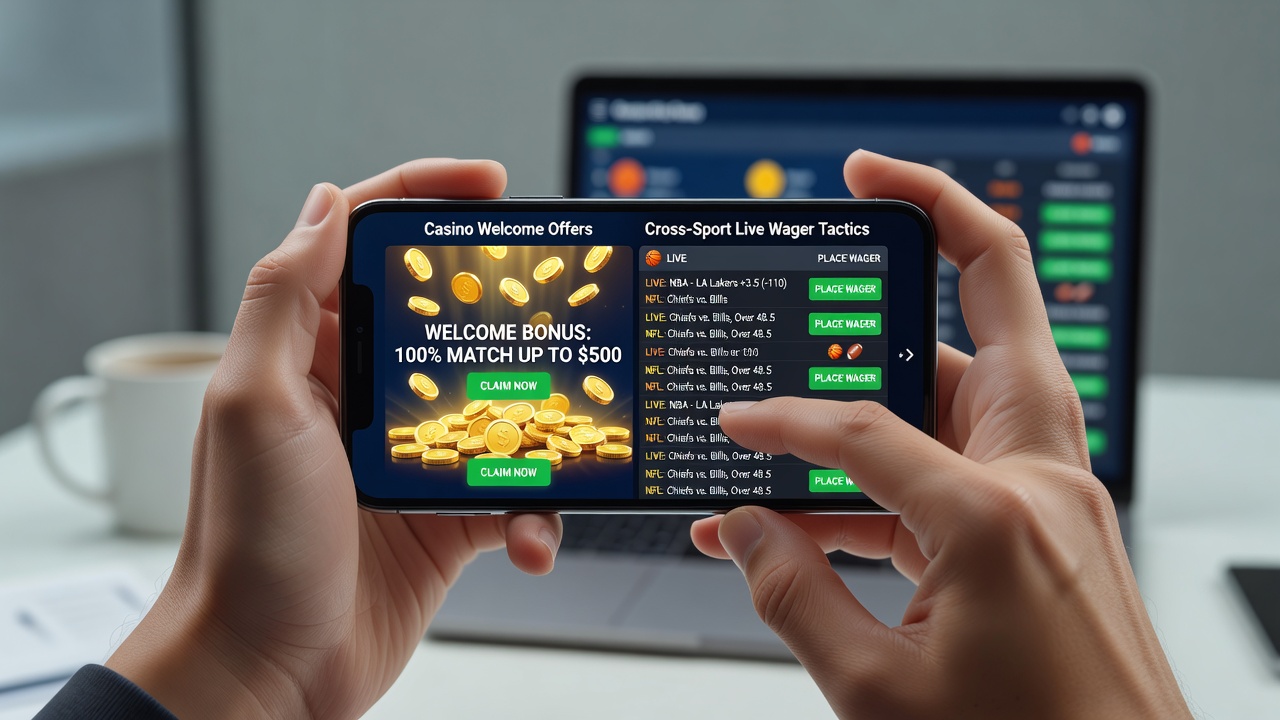 Mobile App mit Casino- und Sportwetten-Integration zeigt Willkommensboni und Live-Wettoptionen