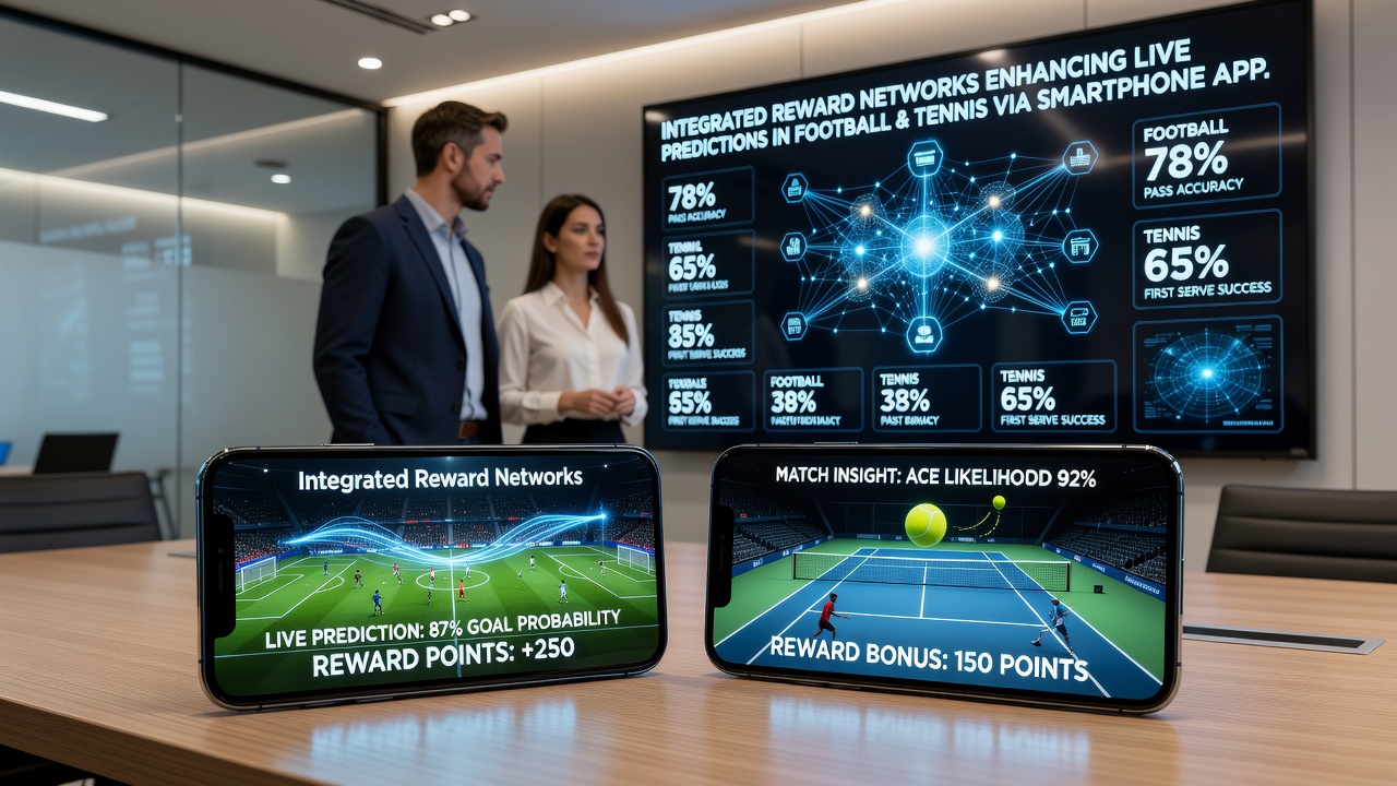 App-Dashboard mit vernetzten Belohnungen für Live-Prognosen in Fußball und Tennis