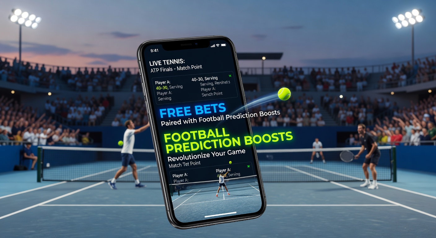 Smartphone mit Live-Tennis-Übertragung und Wetten-App im Vordergrund, umgeben von Tennisbällen und Fußball-Elementen