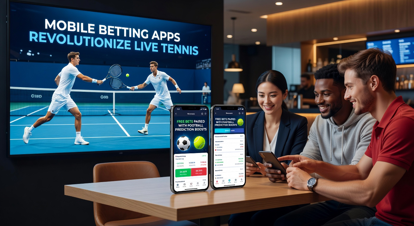 Nahaufnahme einer Wetten-App-Schnittstelle mit Live-Tennis-Score, Gratiswette-Button und Fußball-Prognose-Grafik
