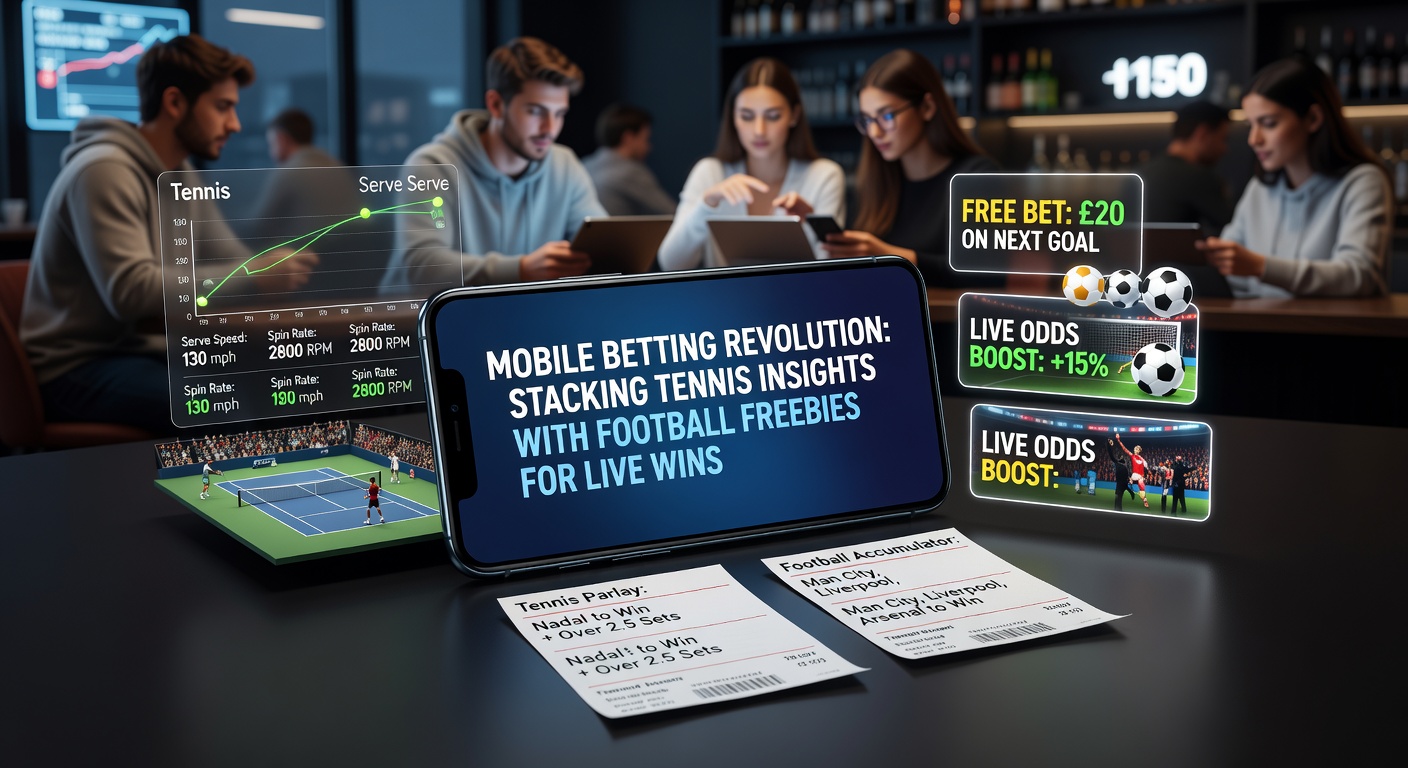 Smartphone mit Live-Tennis- und Fußball-Wetten-App im Vordergrund, umgeben von dynamischen Sportgrafiken