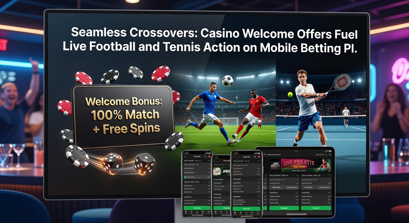 Dynamische Grafik eines Casino-Bonus, der in Live-Tennis- und Fußballwetten übergeht, mit mobilen App-Screenshots und Quoten-Displays