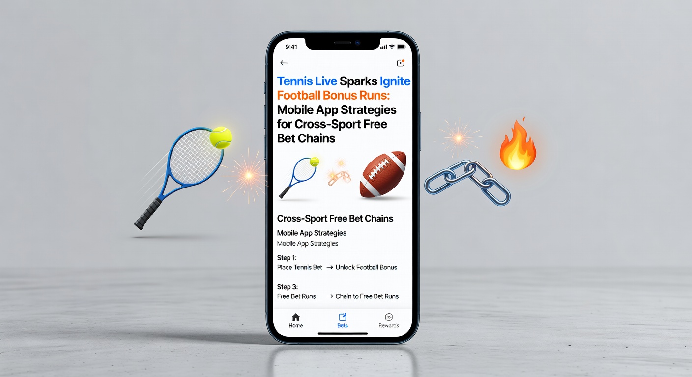 Grafik einer Free-Bet-Kette von Tennis-Live zu Fußball-Bonus-Run auf einer Mobile-App-Oberfläche mit Quoten und Chains